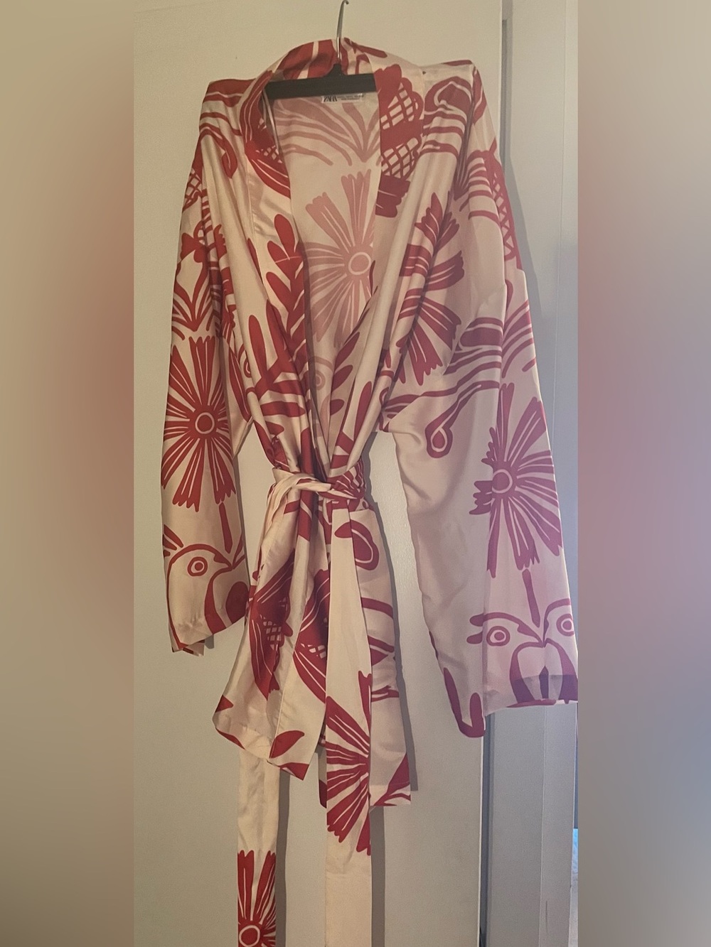 Zara Floral Print Wrap Robe in Cream and Red